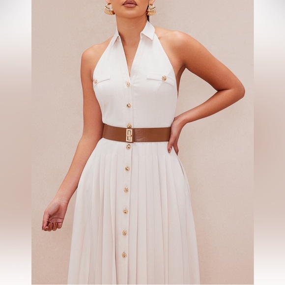 Sleeveless Halter Button-Front Maxi Dress in Ivory with Brown Belt - Picture 3 of 4